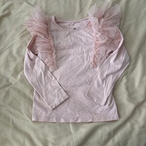 H & M Long Sleeve Tulle Ruffle Pink Tee Blouse Size 5T 6
